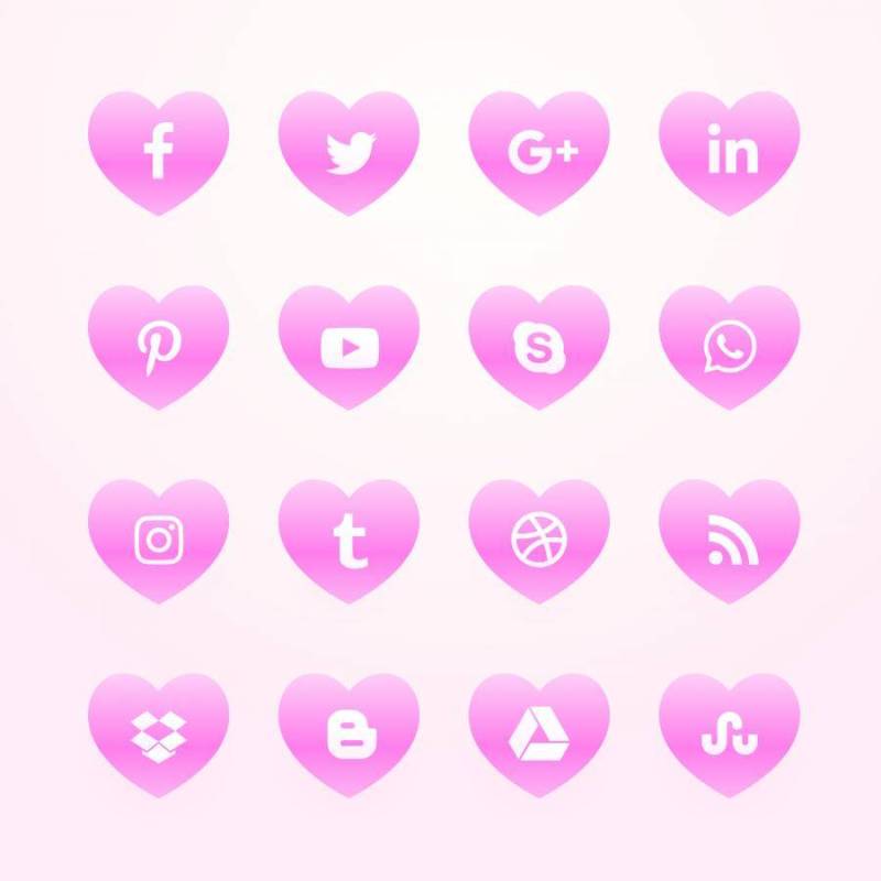 美丽的粉红色的心社交媒体网络图标包