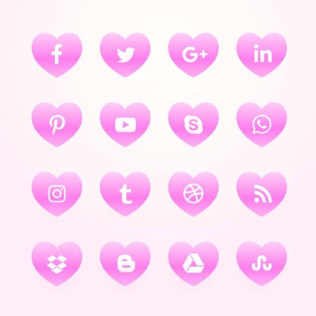 美丽的粉红色的心社交媒体网络图标包