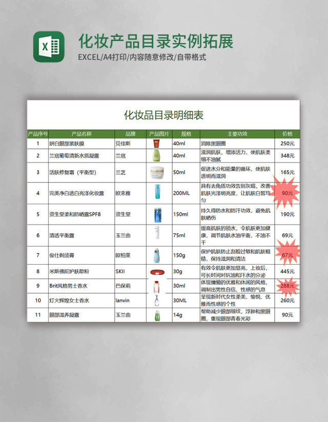 化妆产品目录实例拓展Excel表格模板