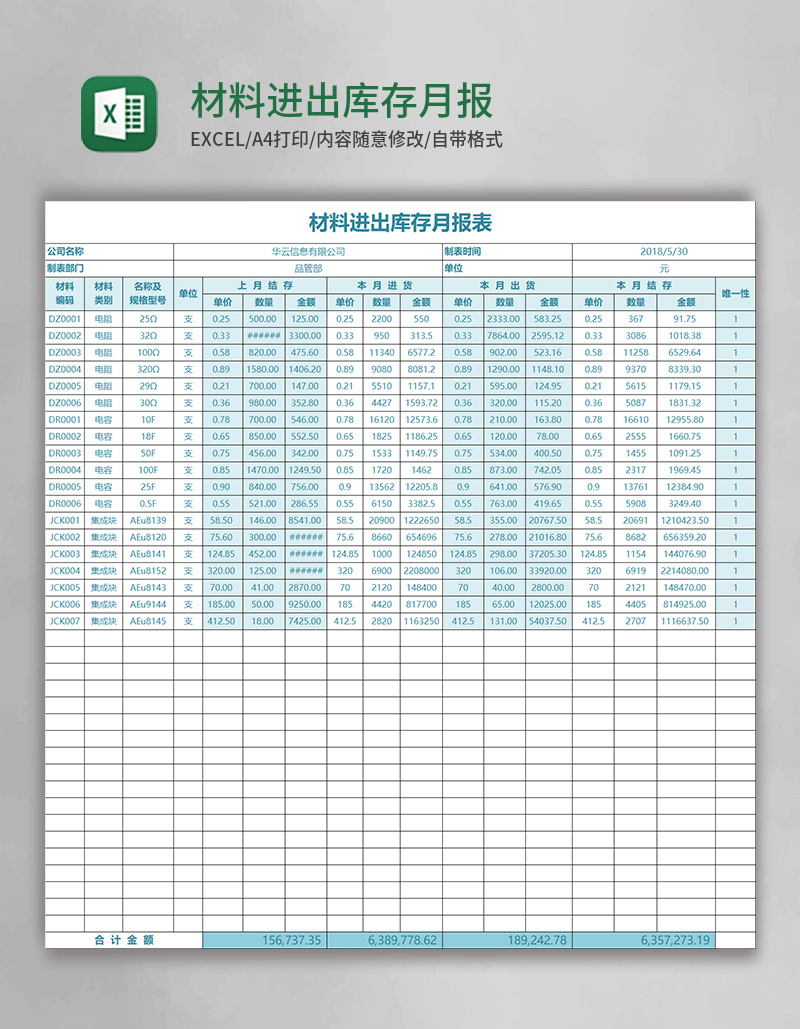 材料进出库存月报表excel模板