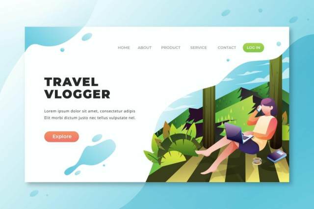 旅行vlogger psd和ai矢量着陆页面UI界面插画设计travel vlogger psd and ai vector landing page