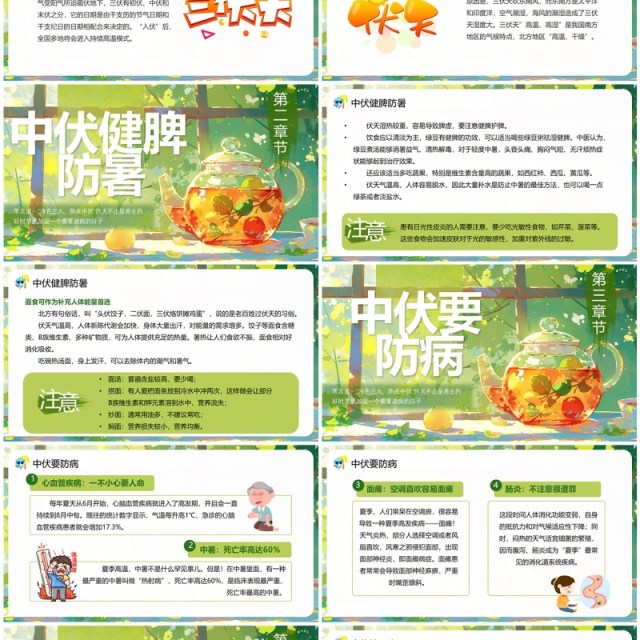 绿色插画风中伏养生科普知识PPT模板 绿色插画风中伏养生科普知识PPT模板
