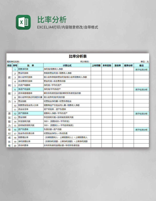 比率分析表Excel模板