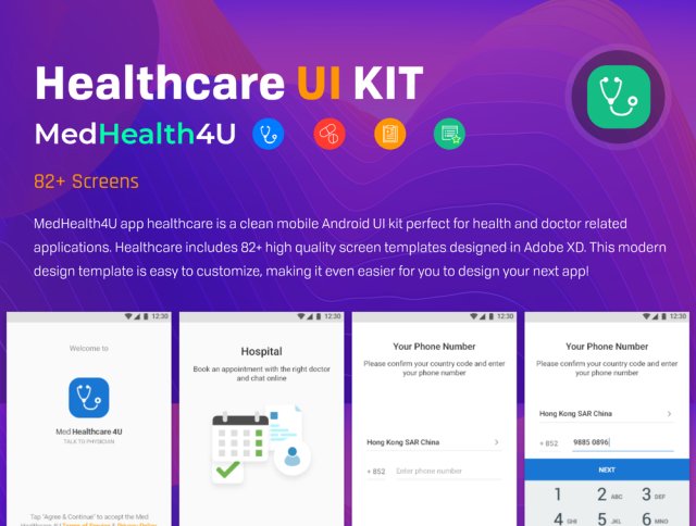 82+ Screens MedHealthcare4U Android移动UI套件，医疗保健医疗UI套件，含XD源文件