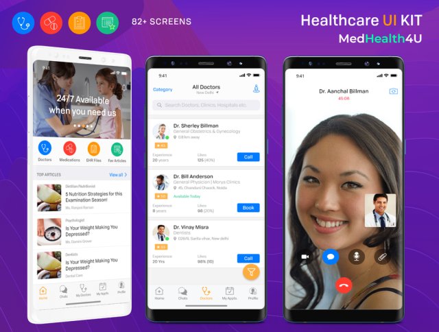 82+ Screens MedHealthcare4U Android移动UI套件，医疗保健医疗UI套件，含XD源文件