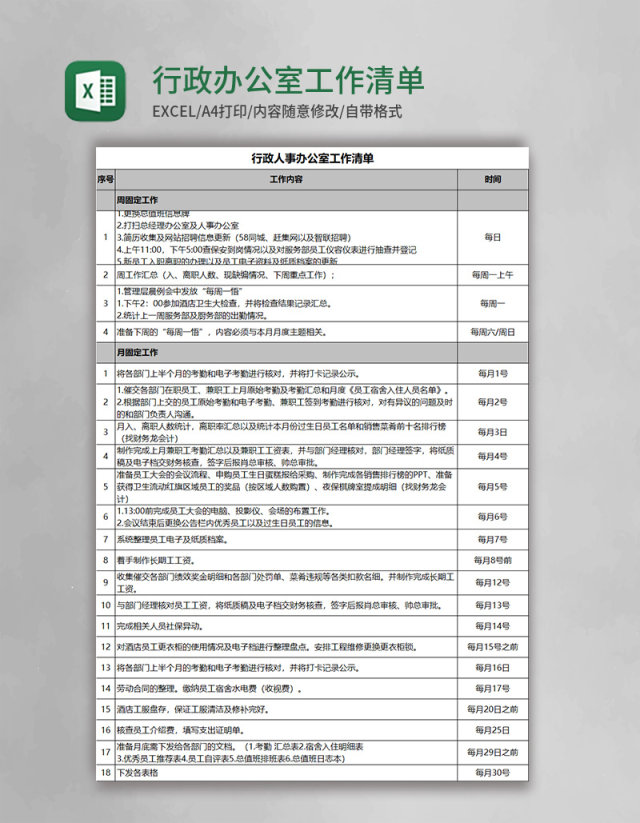 行政办公室工作清单excel模板