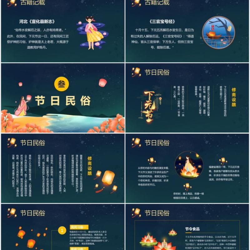 卡通中国风传统河灯祭祀下元节祭奠先祖缅怀先人PPT模板