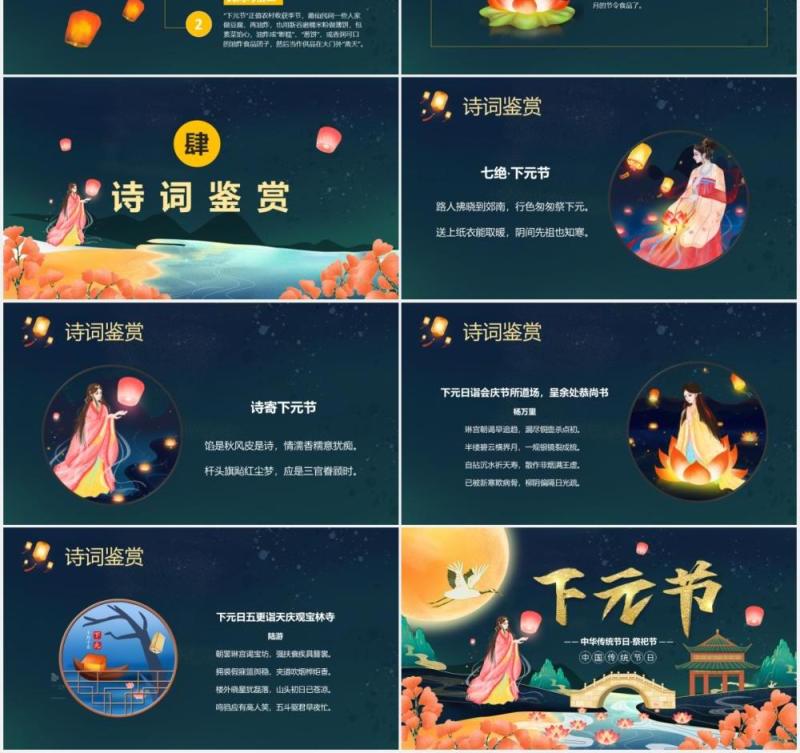 卡通中国风传统河灯祭祀下元节祭奠先祖缅怀先人PPT模板