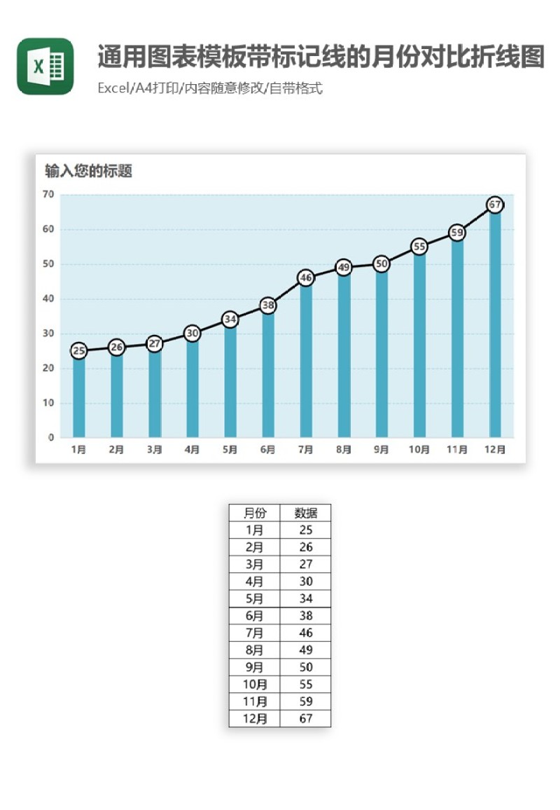 通用图表模板带标记线的月份对比折线图Excel图表模板