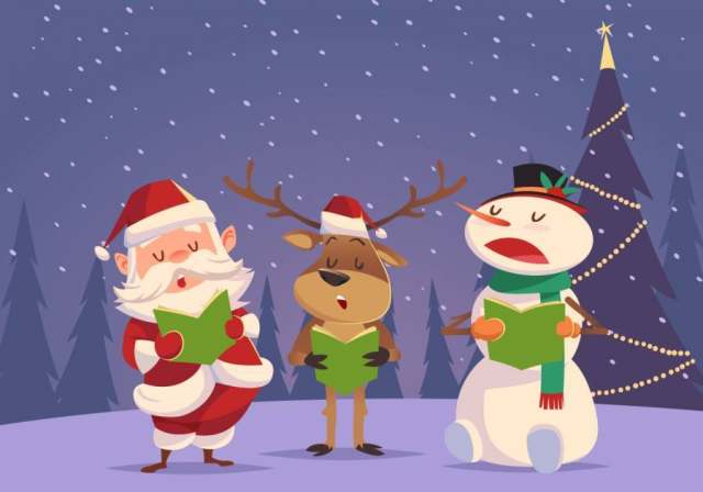 圣诞老人雪人和驯鹿carolers