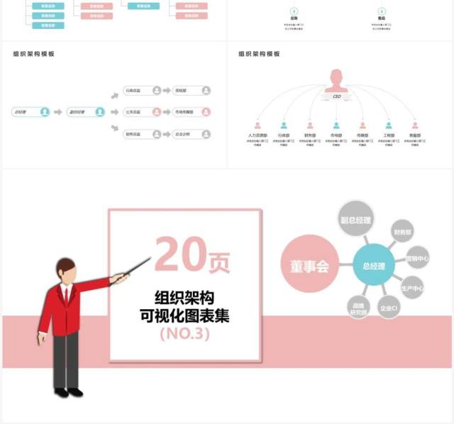 20页粉色企业组织架构可视化图表集PPT模板