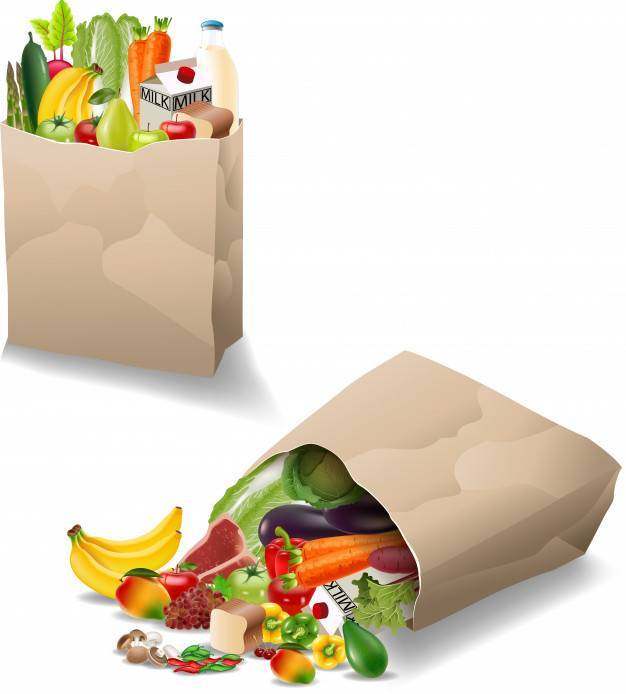 新鲜蔬菜和水果在纸袋