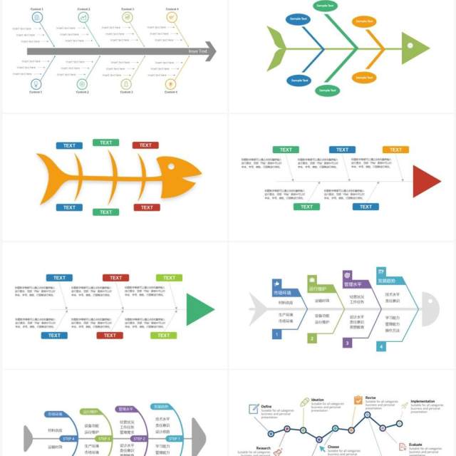蓝色20页彩色鱼骨图可视化图表集PPT模板