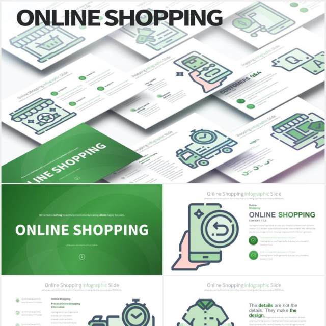 11套色系线上购物创意图形插画PPT电商素材Online Shopping - PowerPoint Infographics