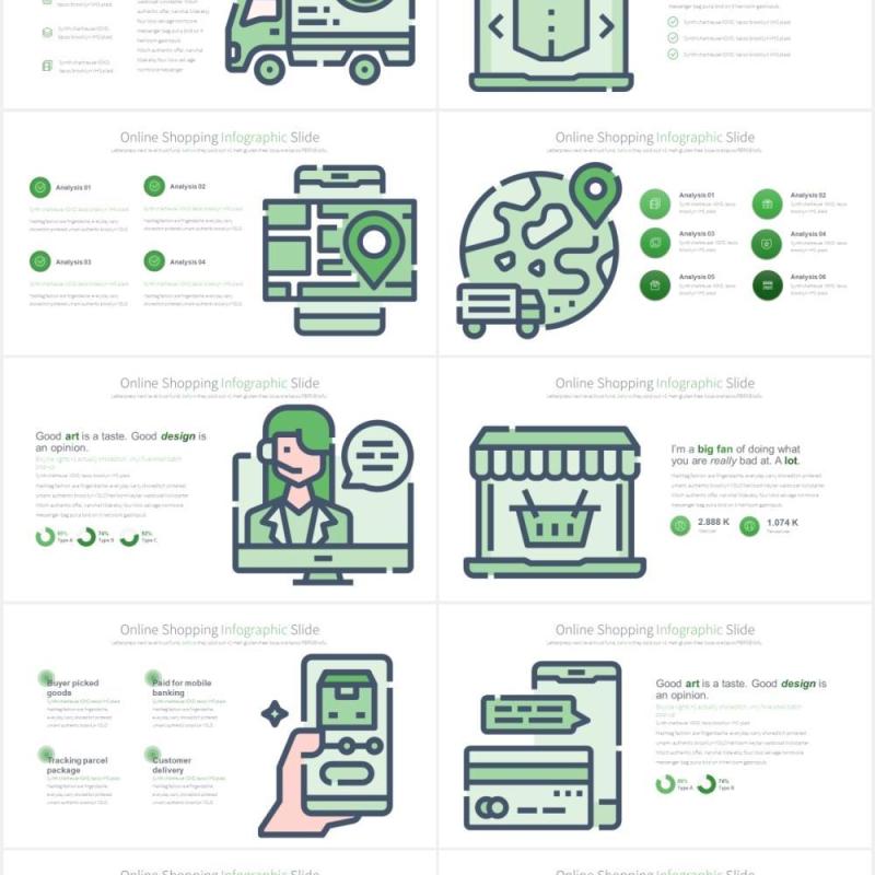11套色系线上购物创意图形插画PPT电商素材Online Shopping - PowerPoint Infographics