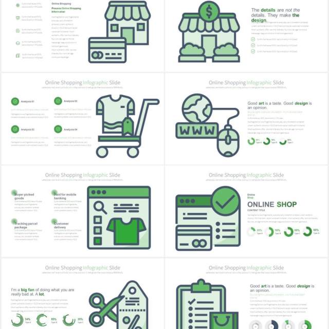 11套色系线上购物创意图形插画PPT电商素材Online Shopping - PowerPoint Infographics