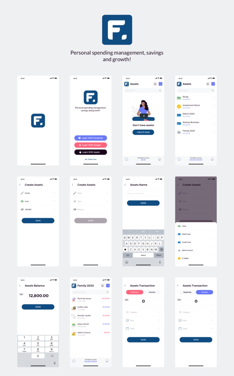 移动应用专为管理个人财务,Finany - 现金流量管理器UI KIT 移动应用专为管理个人财务,Finany - 现金流量管理器UI KIT