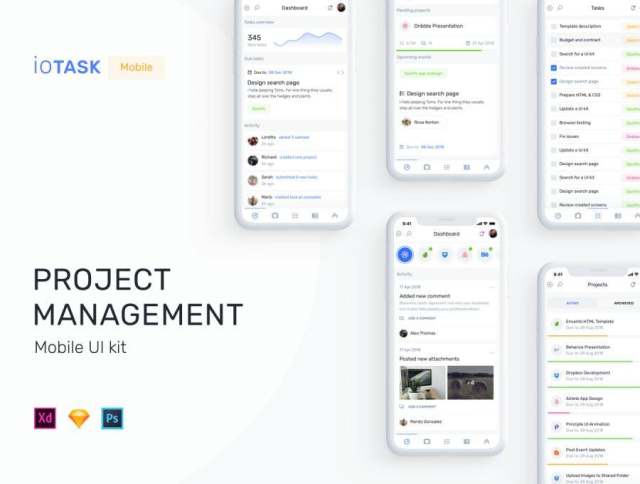 完美的UI工具包，用于Sketch，XD和Photoshop的项目管理。，IOTASK Mobile UI Kit