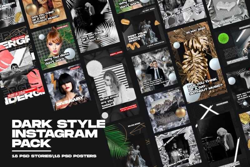 18款黑色现代3D艺术风格线上广告设计PSD背景素材（不含照片）Dark Style Instagram Pack