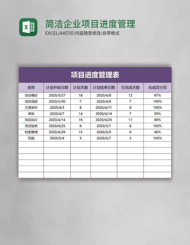 简洁企业项目进度管理表excel模板