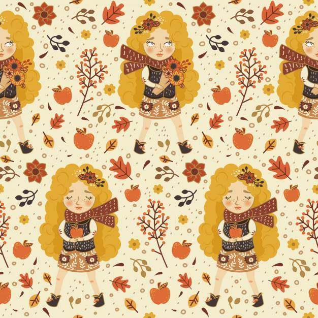 可爱的金发女孩，在秋天的无缝模式