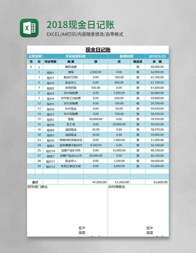 2018现金日记账excel模板