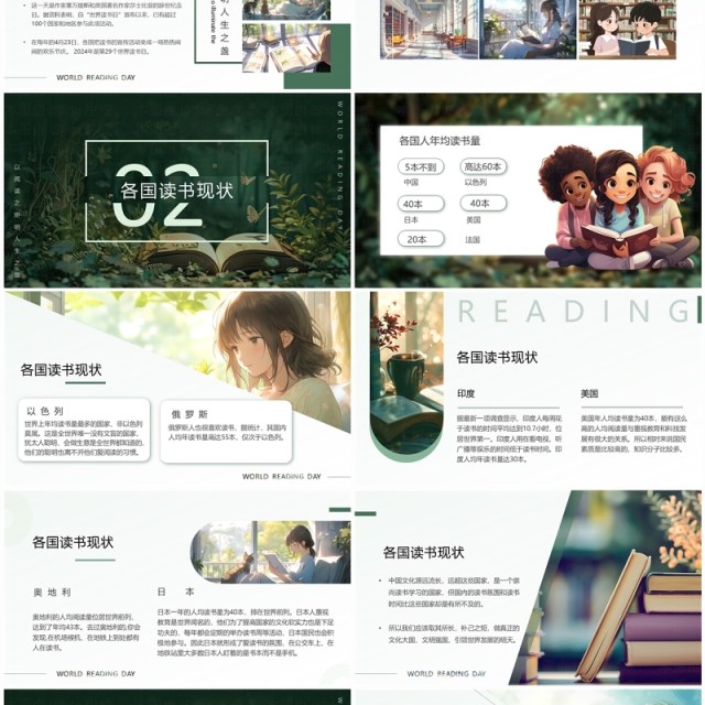 绿色简约风世界读书日介绍PPT模板 绿色简约风世界读书日介绍PPT模板
