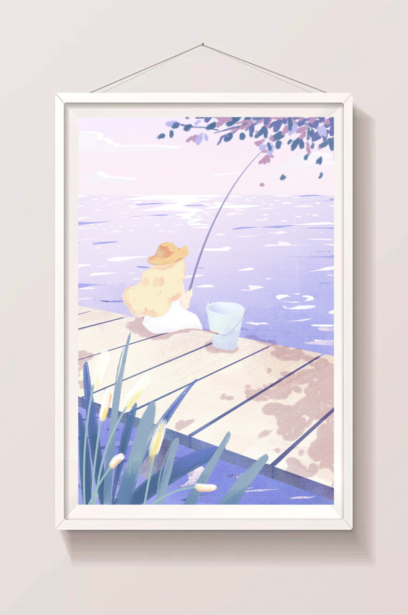 蓝紫清新夏日湖边垂钓插画