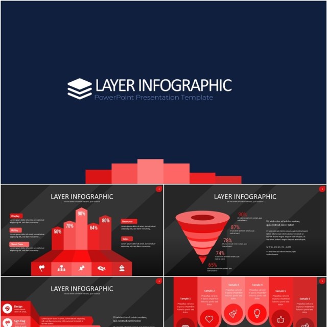 红色图层结构信息图PPT模板素材Wide Red Dark Layer Infographic