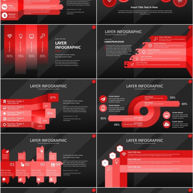 红色图层结构信息图PPT模板素材Wide Red Dark Layer Infographic