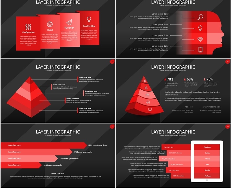 红色图层结构信息图PPT模板素材Wide Red Dark Layer Infographic