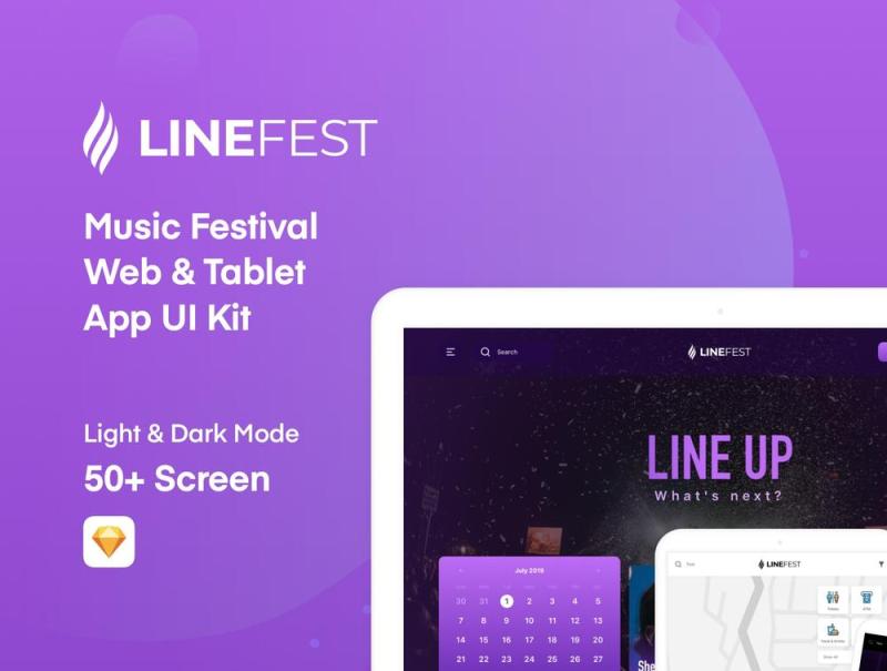 LineFest包含您将需要在节日的所有细节，LineFest  - 音乐节网络及平板电脑应用的UI套件