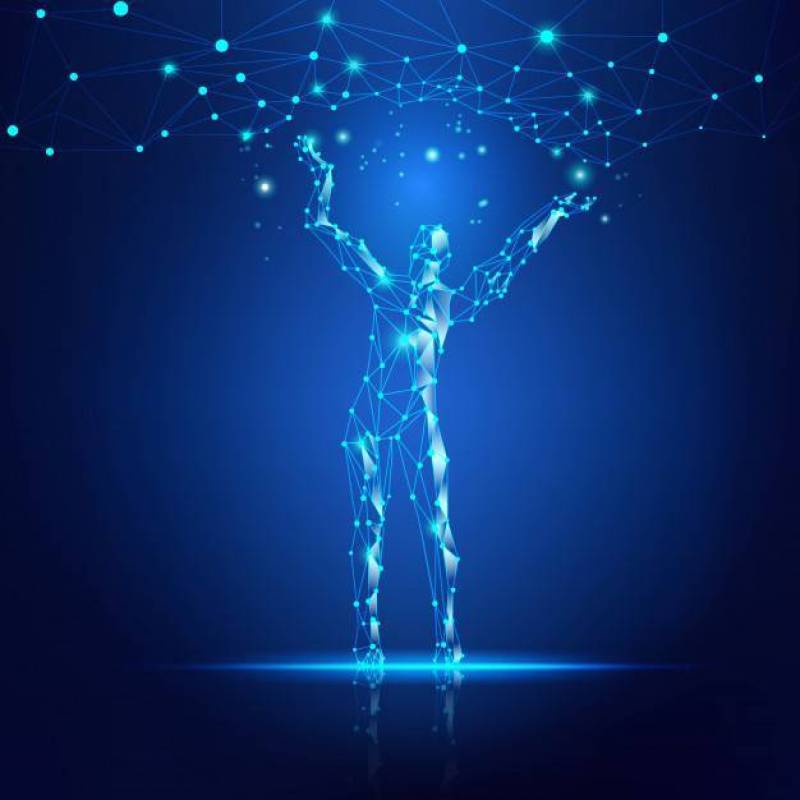 Wireframe man reaching