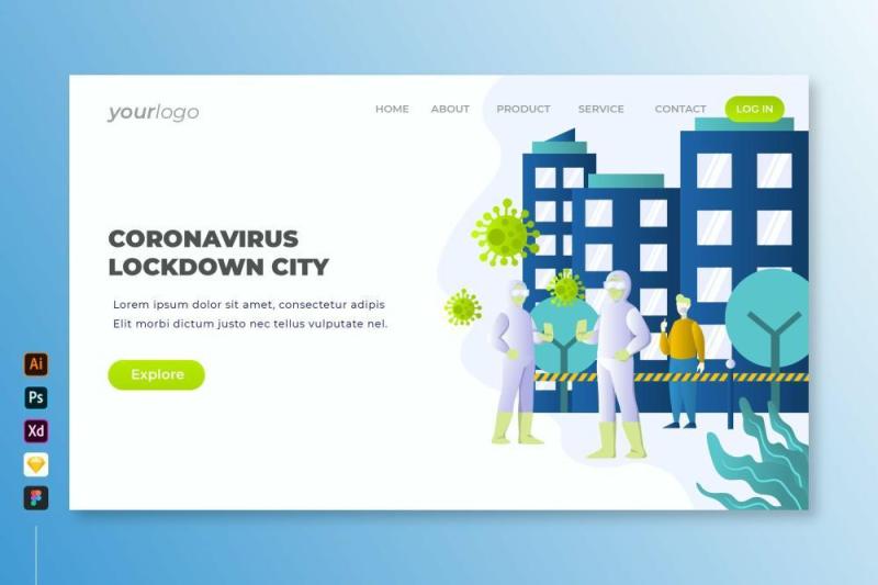 冠状病毒锁定城市登录页UI界面PSD设计模板coronavirus lockdown city landing page