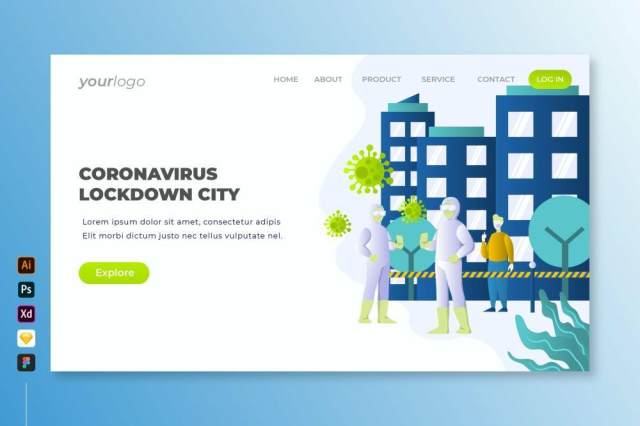 冠状病毒锁定城市登录页UI界面PSD设计模板coronavirus lockdown city landing page