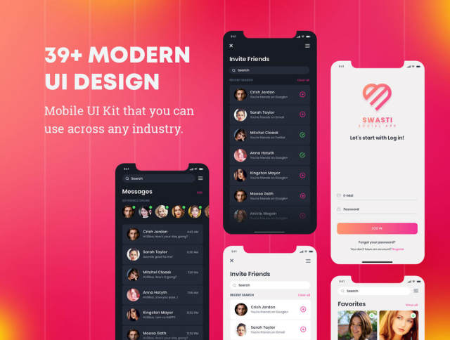 39+社交应用的UI工具包设计师和开发人员，Swasti  - 社交应用的UI套件素描模板