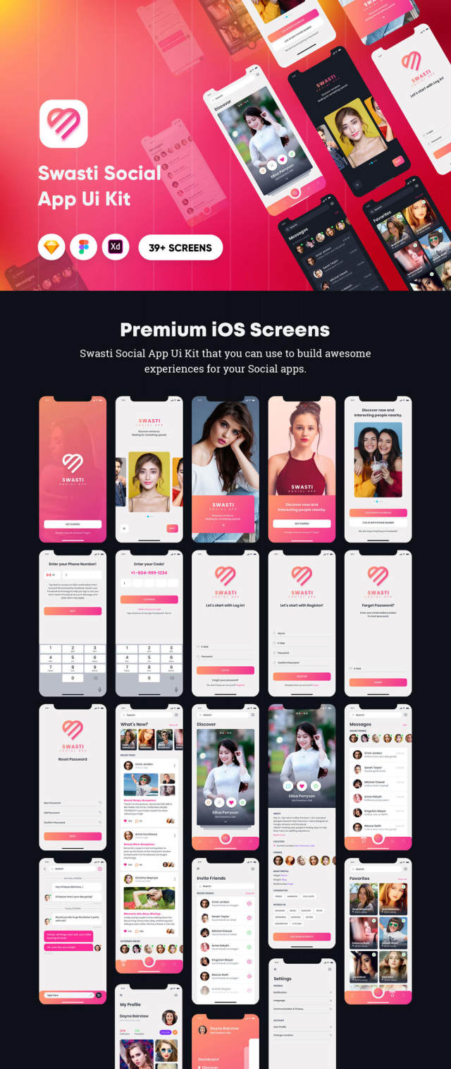 39+社交应用的UI工具包设计师和开发人员，Swasti  - 社交应用的UI套件素描模板