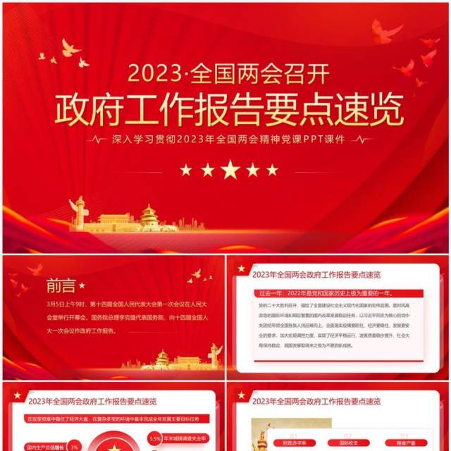 红色全国两会政府工作报告要点速览PPT模板 红色全国两会政府工作报告要点速览PPT模板