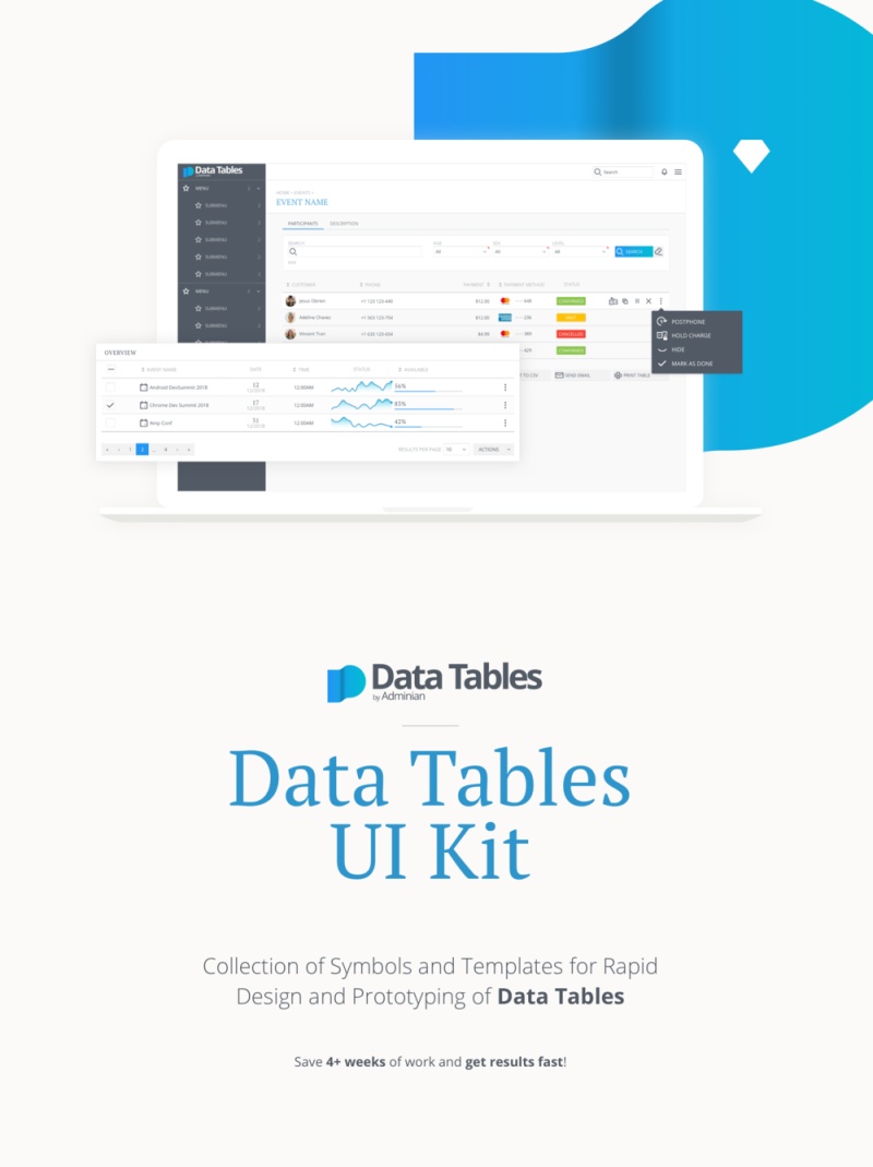 数据表用于Sketch。，管理员数据表的快速原型设计UI工具包