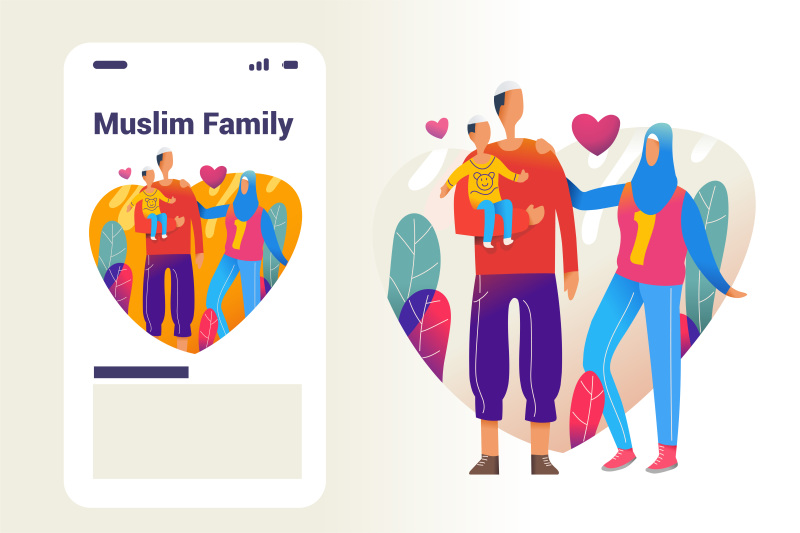 穆斯林家庭父母和孩子插画人物素材Muslim Family Father Son and Mom
