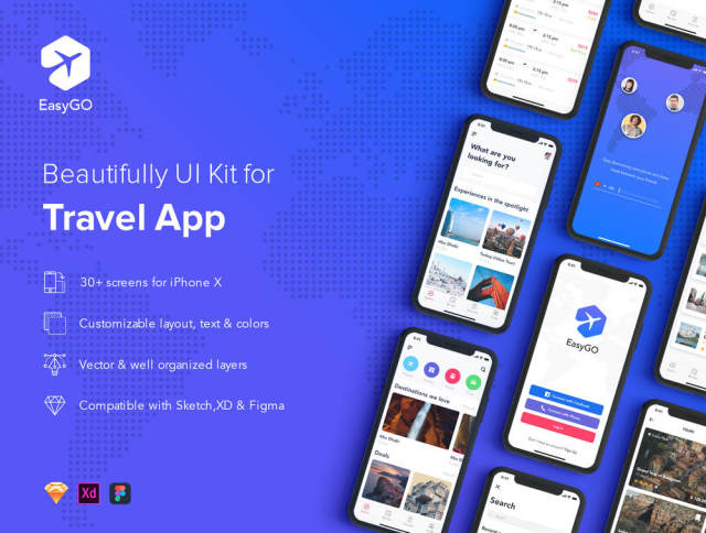 EasyGo - 适用于Iphone X，EasyGo的旅行应用UI工具包 - Travel App UI Kit