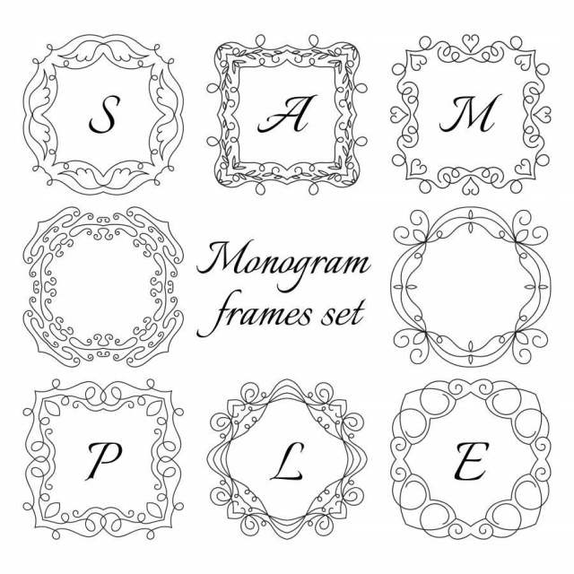 8个字母框架。复古风格集。手绘饰品。