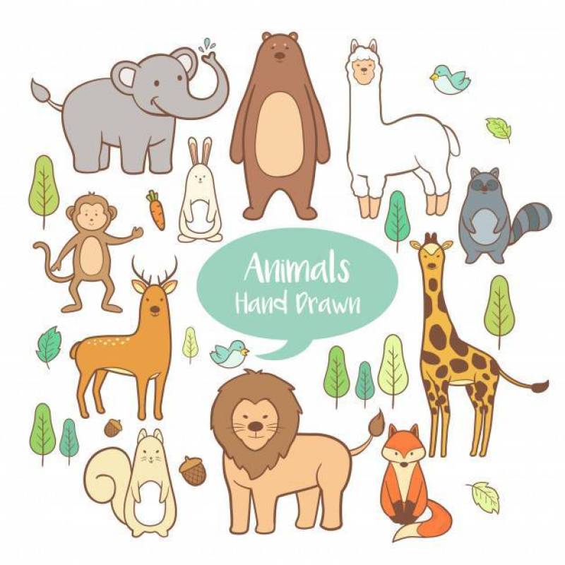 Cute animals set in hand drawn background