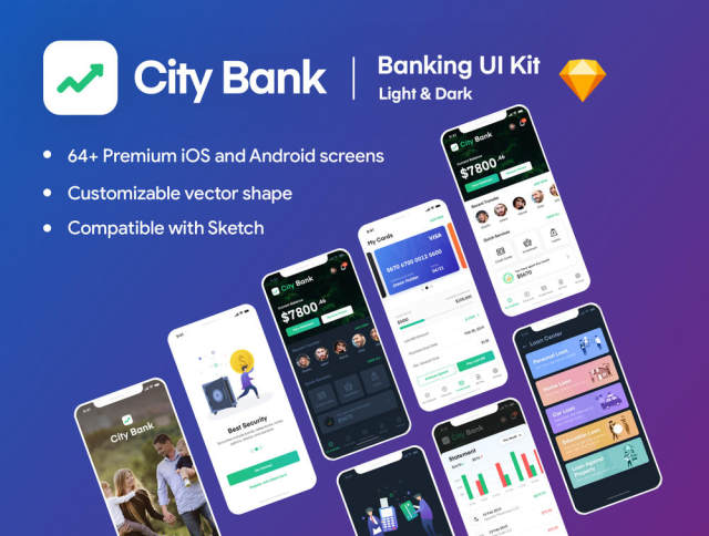 City Bank Light and Dark App UI套件，City Bank Light和Dark App UI套件