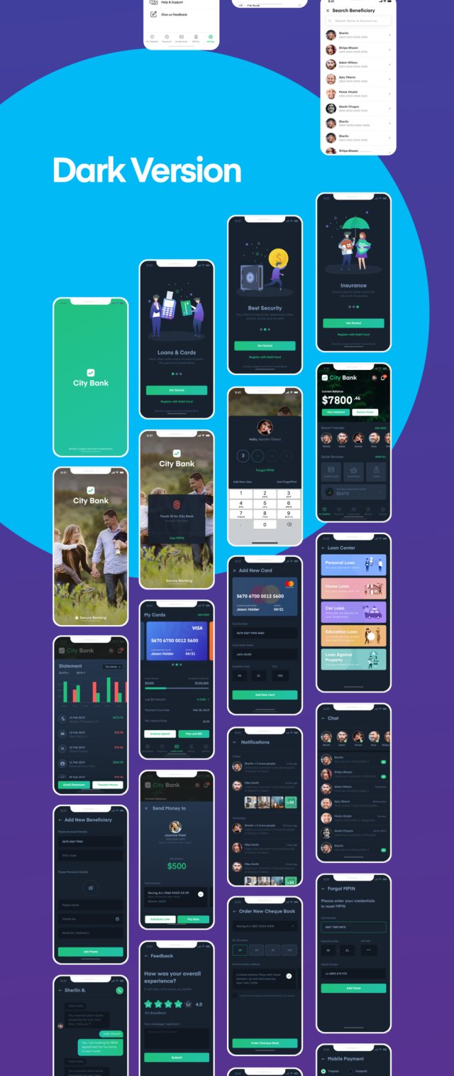 City Bank Light and Dark App UI套件，City Bank Light和Dark App UI套件