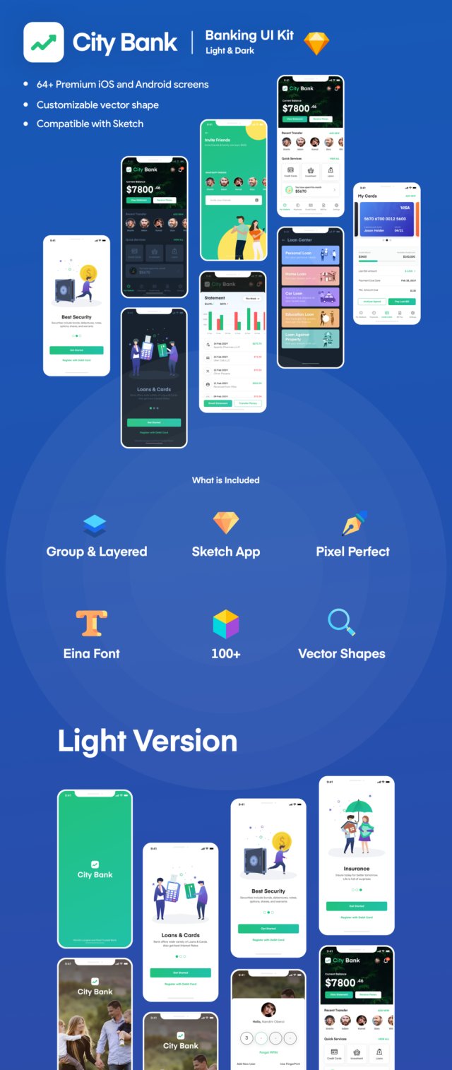 City Bank Light and Dark App UI套件，City Bank Light和Dark App UI套件
