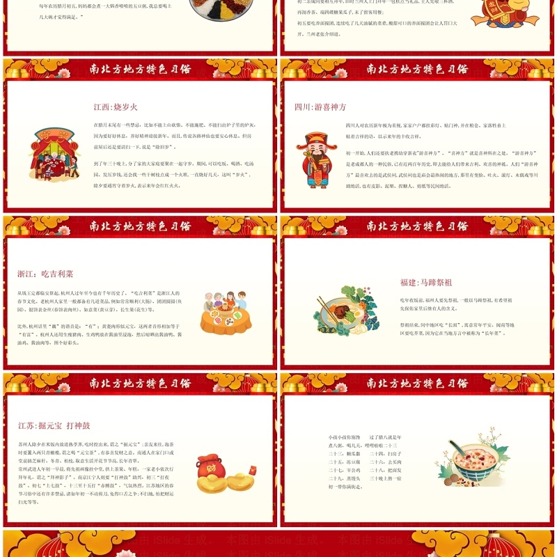 红色中国风南北方春节习俗介绍PPT模板