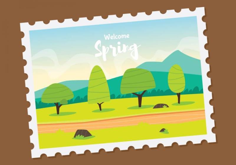 春天风景邮政邮票插画
