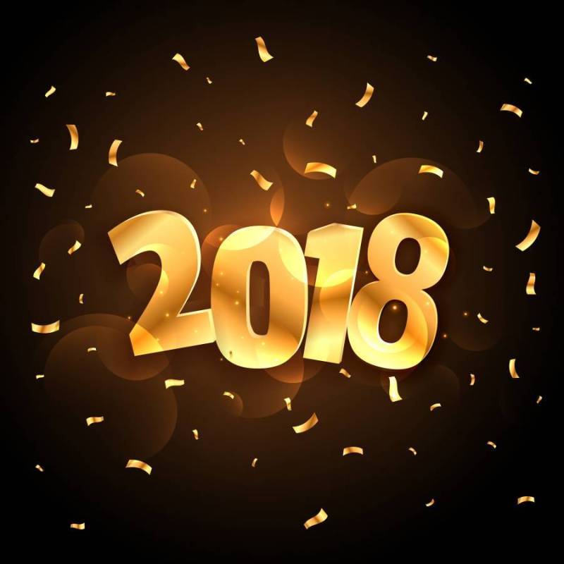 金色闪亮2018年新年聚会庆祝与下降的五彩纸屑