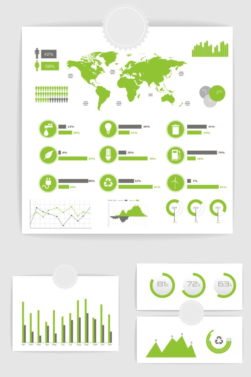 矢量绿色PPT数据统计图表